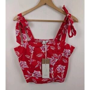 Joie Size 10 Red Linen Cropped Shirt Pink Flowers Floral Tank Top New With Tags